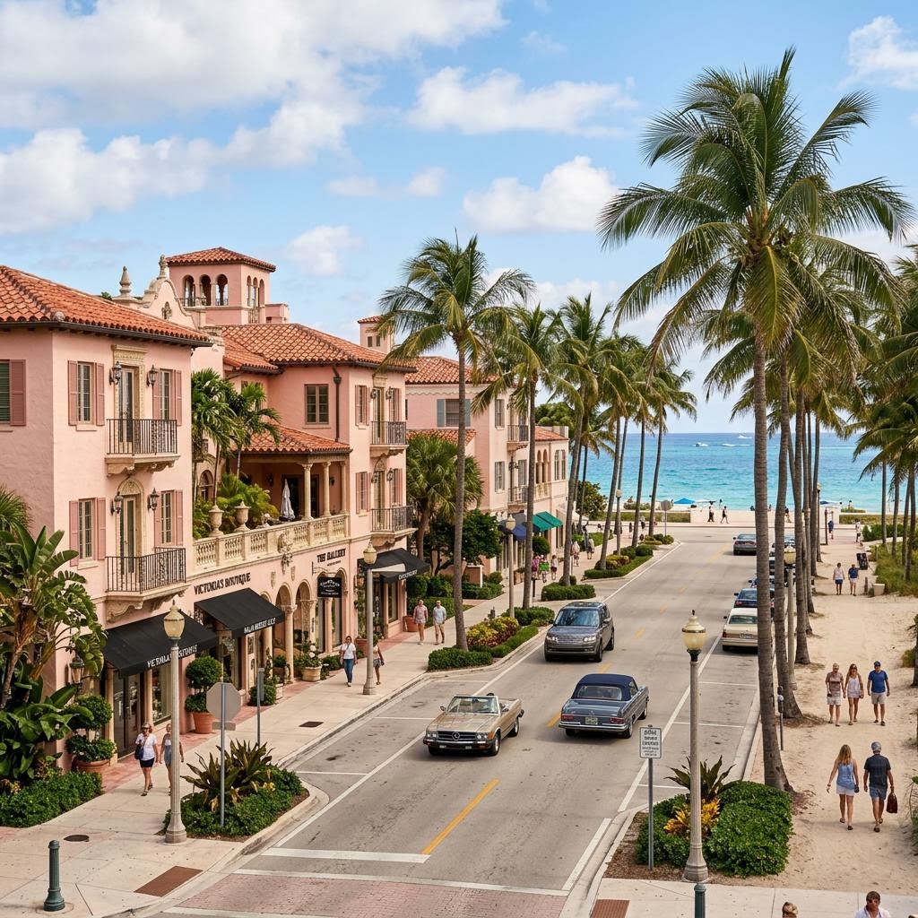 Mediterranean-style buildings with stucco facades along a palm-lined boulevard