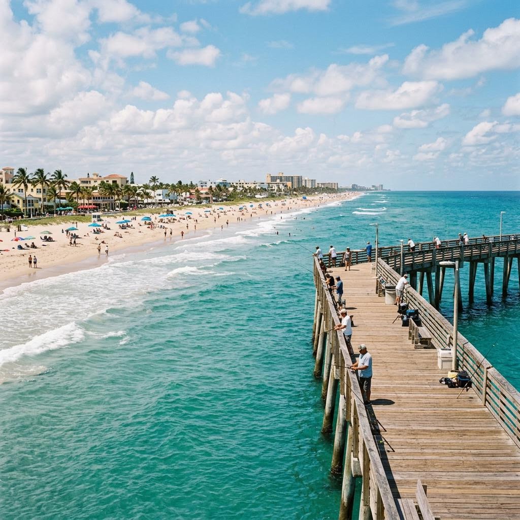 Wooden fishing pier extending over turquoise ocean water