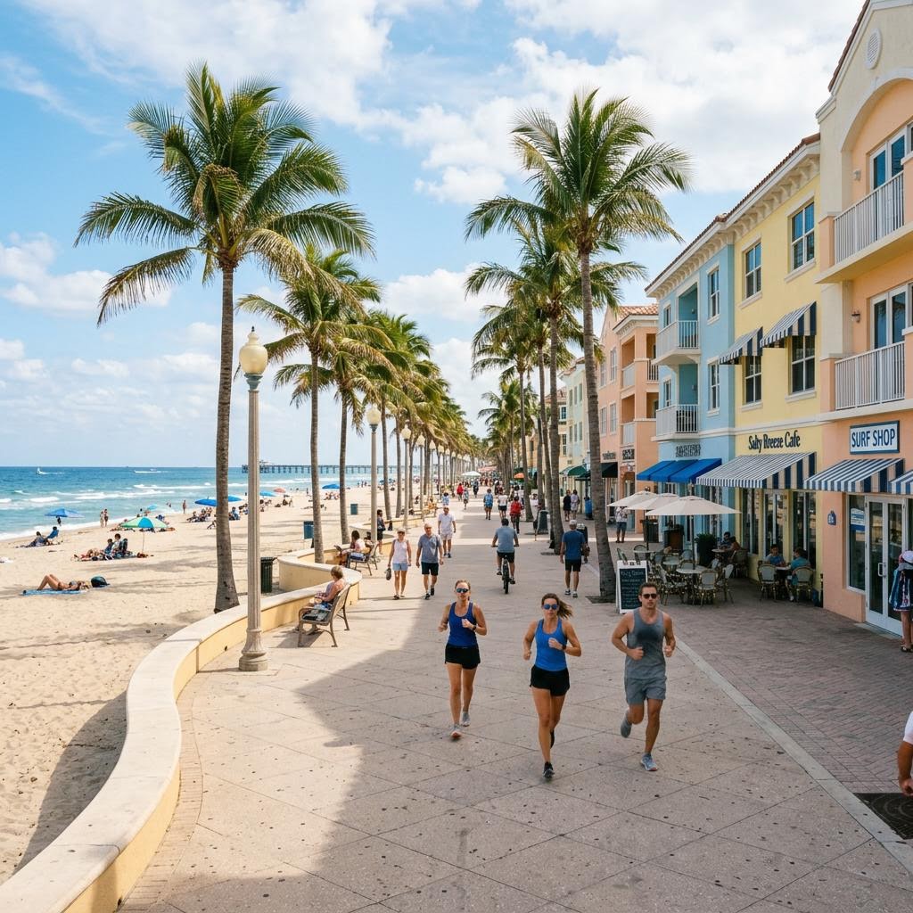 Beachside promenade with palm trees and low-rise buildings on a sunny day