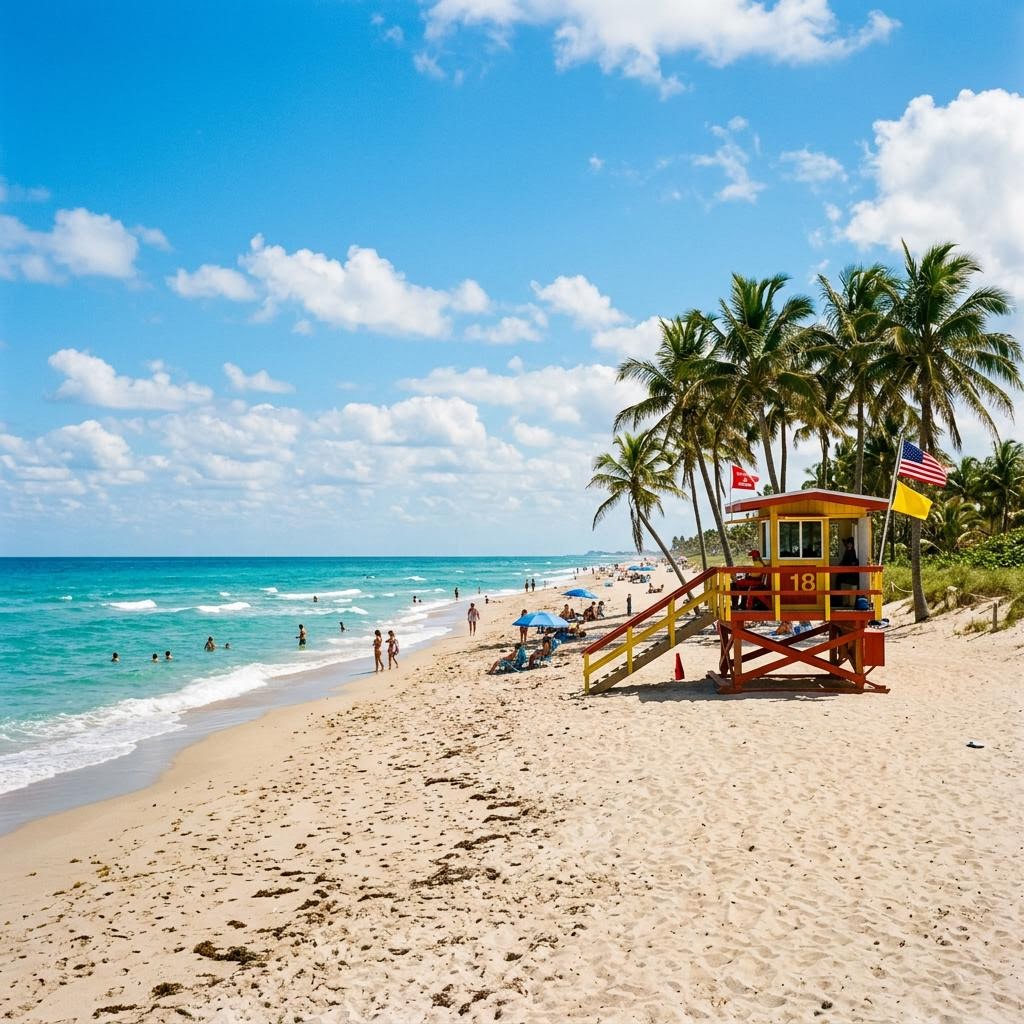 Sandy beach with a lifeguard tower, palm trees, and turquoise water